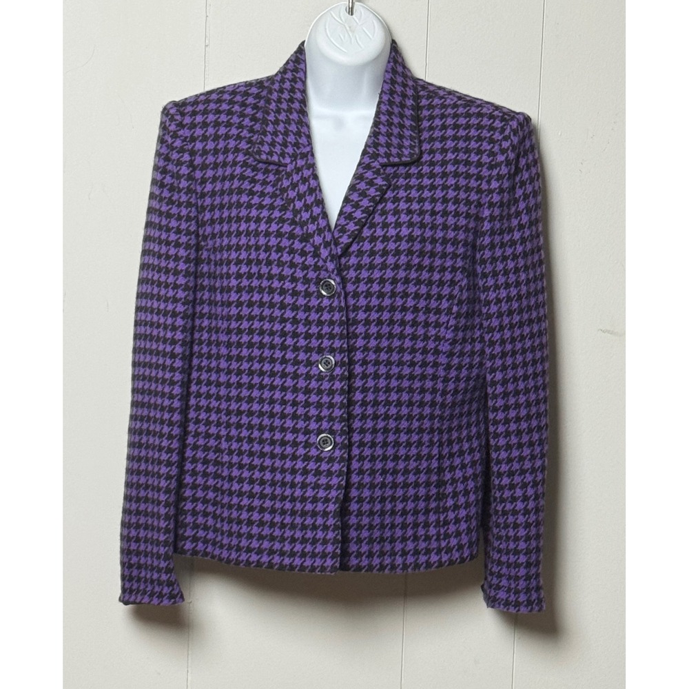 Kasper ASL Women's Purple Black Houndstooth Wool Blend Blazer Jacket Size 10